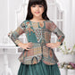Betty Girls’ Green Ethnic Printed Flared Gown with Drape – Festive Wear.