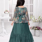 Betty Girls’ Green Ethnic Printed Flared Gown with Drape – Festive Wear.