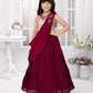 Wine Draped Shoulder Gown for Girls – Sleeveless Party & Festive Dress