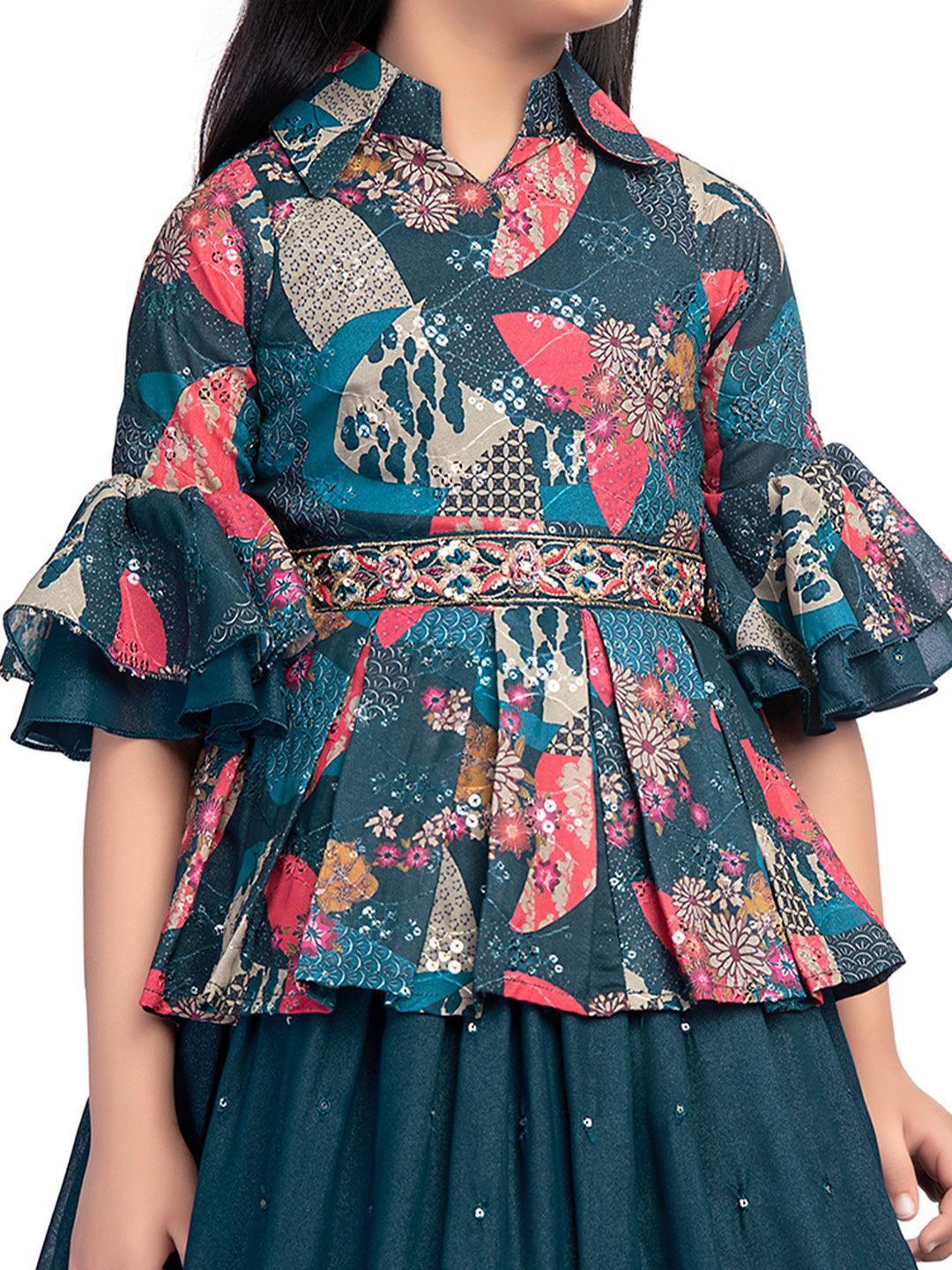 Collar Style Gown For Girls / Ethnic Gowns Online / Blue Coloured Floral Dress For Girls - Betty Ethnic India - Gown - Betty Girls Wear Online