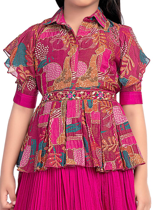 Collar Style Gown For Girls / Position Print Ethnic Gowns Online / Rani Coloured Floral Dress For Girls - Betty Ethnic India - Gown - Betty Girls Wear Online