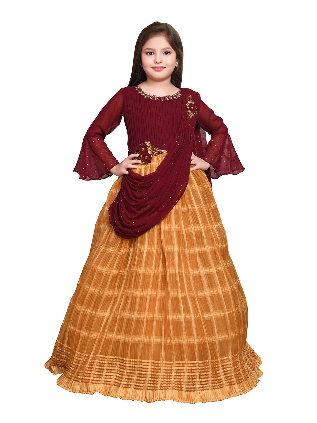 Mustard Coloured Trendy Saree Style Gown For Girls - Betty Ethnic India - Gown - Betty Girls Wear Online