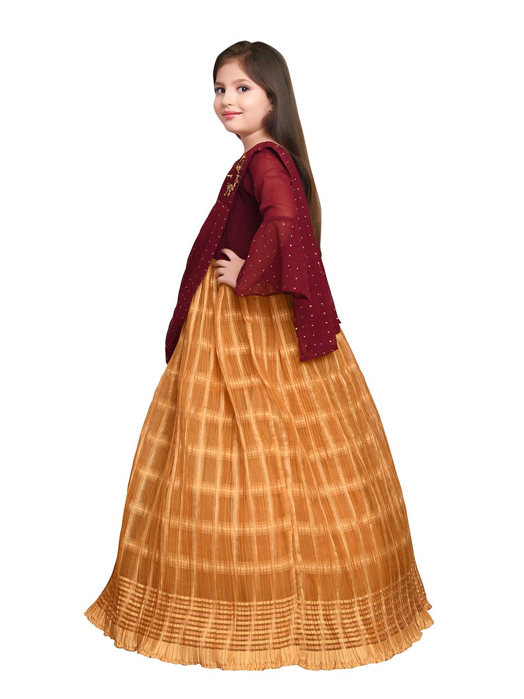 Mustard Coloured Trendy Saree Style Gown For Girls - Betty Ethnic India - Gown - Betty Girls Wear Online