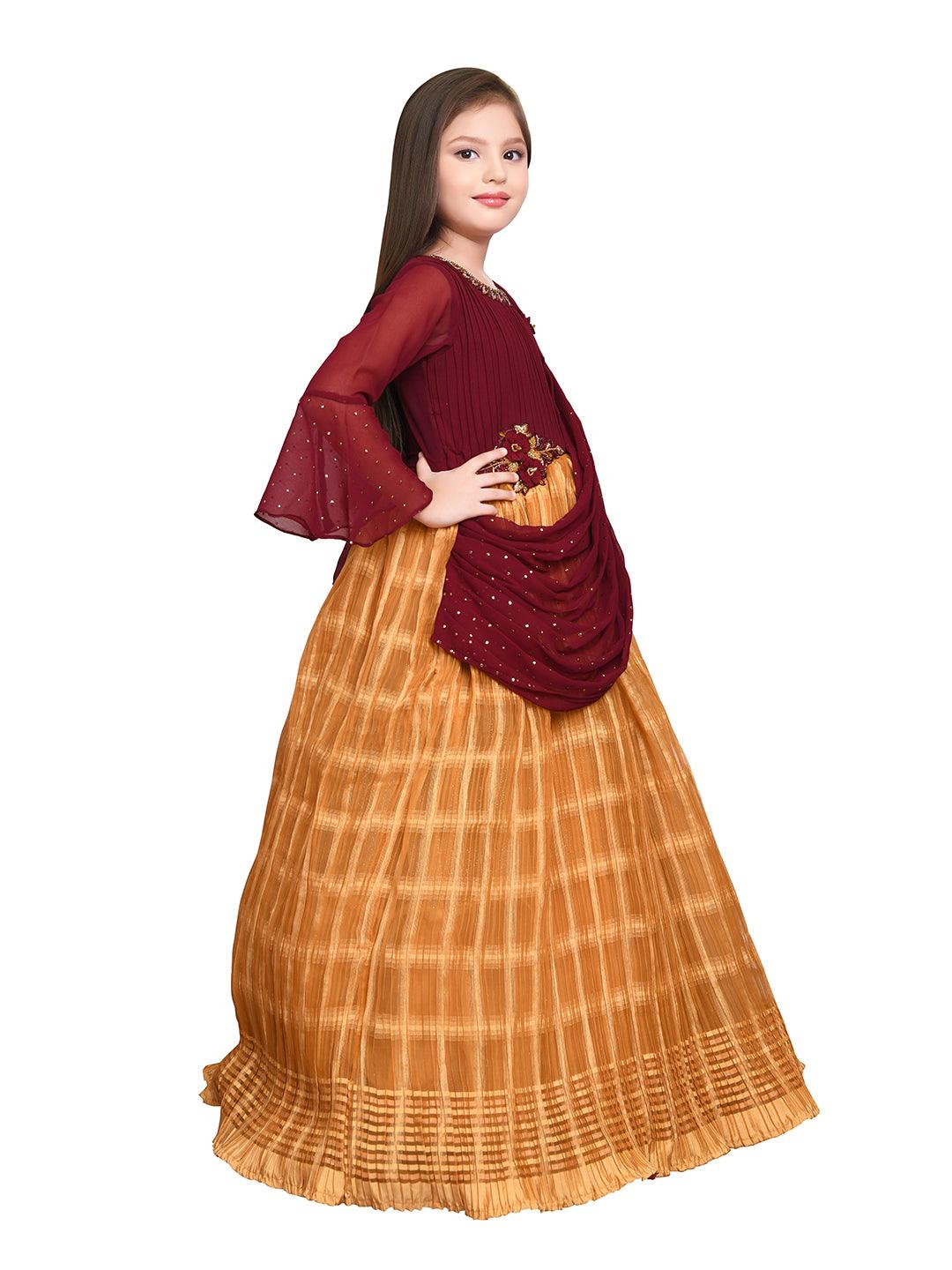 Mustard Coloured Trendy Saree Style Gown For Girls - Betty Ethnic India - Gown - Betty Girls Wear Online