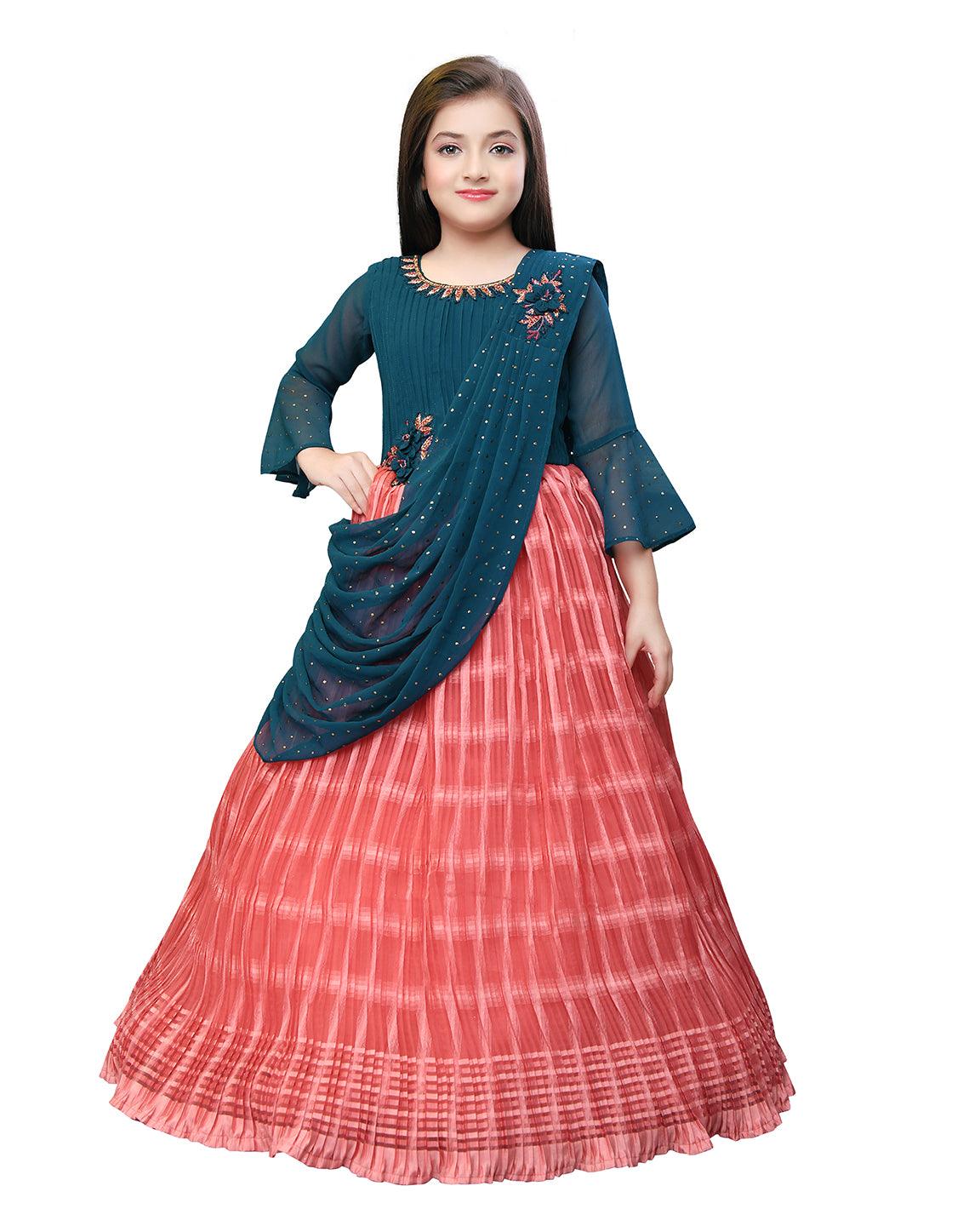 Carrot Coloured Trendy Saree Style Gown For Girls - Betty Ethnic India - Gown - Betty Girls Wear Online