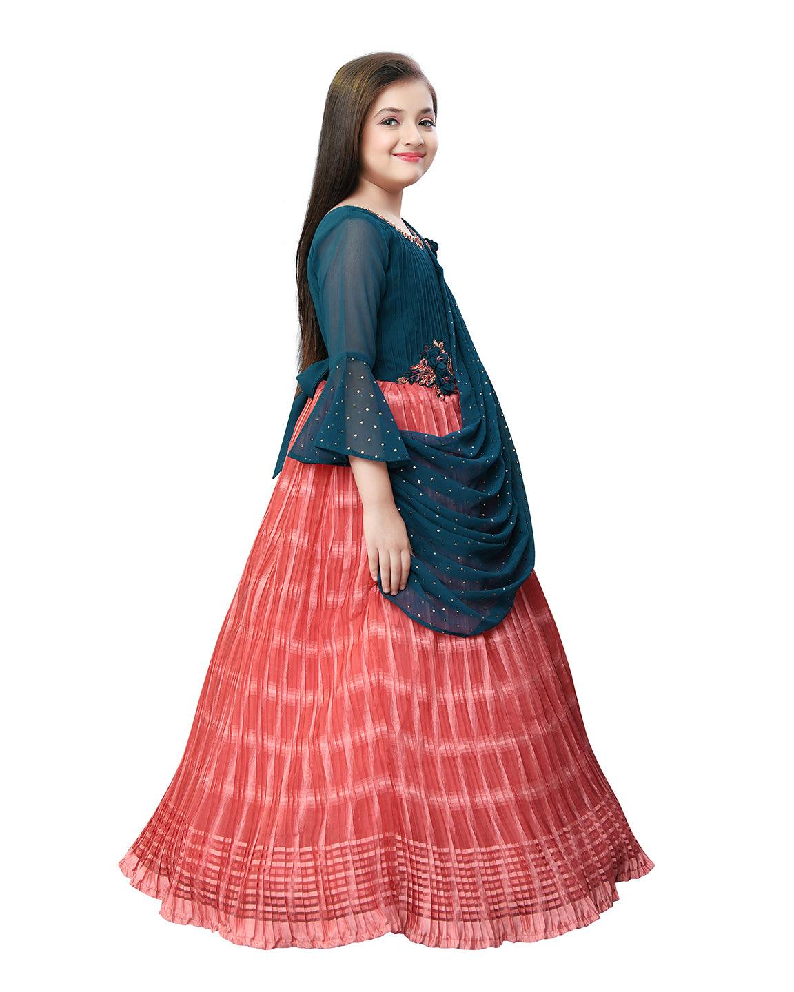 Carrot Coloured Trendy Saree Style Gown For Girls - Betty Ethnic India - Gown - Betty Girls Wear Online