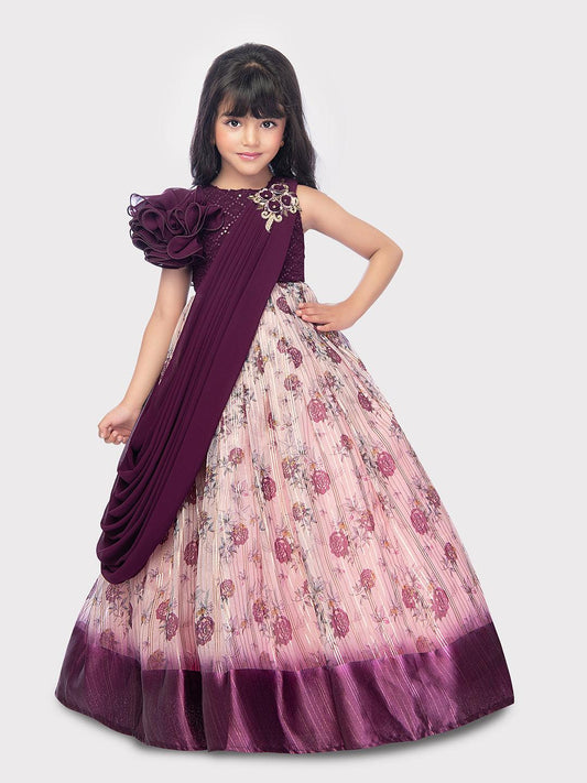Flower Style Sleeves One Side With Dupatta On Other Side Ethnic Gown Online / Floral Gown For Girls - Betty Ethnic India - Gown - Betty Girls Wear Online
