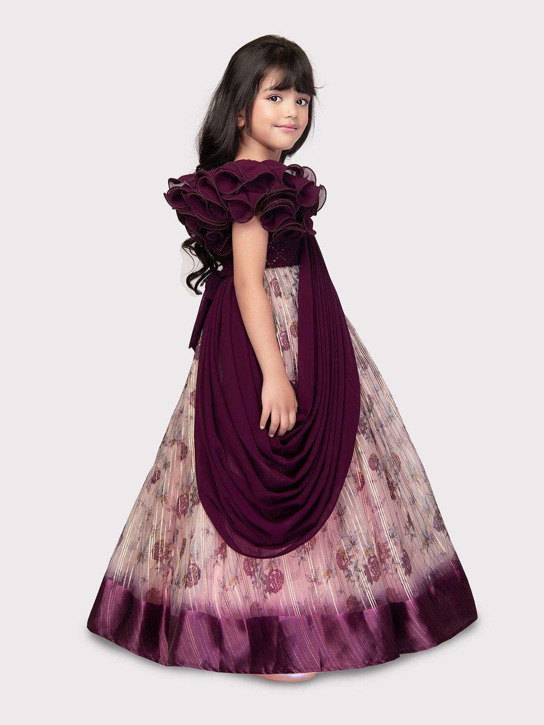 Flower Style Sleeves One Side With Dupatta On Other Side Ethnic Gown Online / Floral Gown For Girls - Betty Ethnic India - Gown - Betty Girls Wear Online