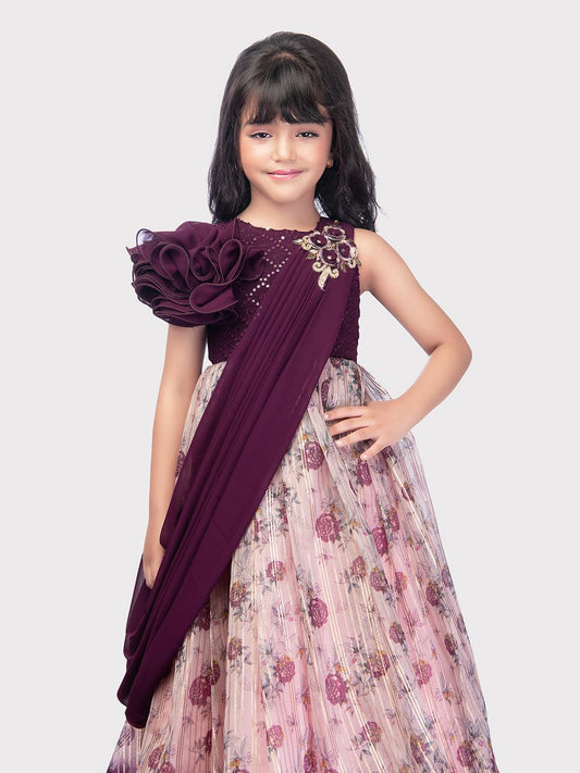 Flower Style Sleeves One Side With Dupatta On Other Side Ethnic Gown Online / Floral Gown For Girls - Betty Ethnic India - Gown - Betty Girls Wear Online
