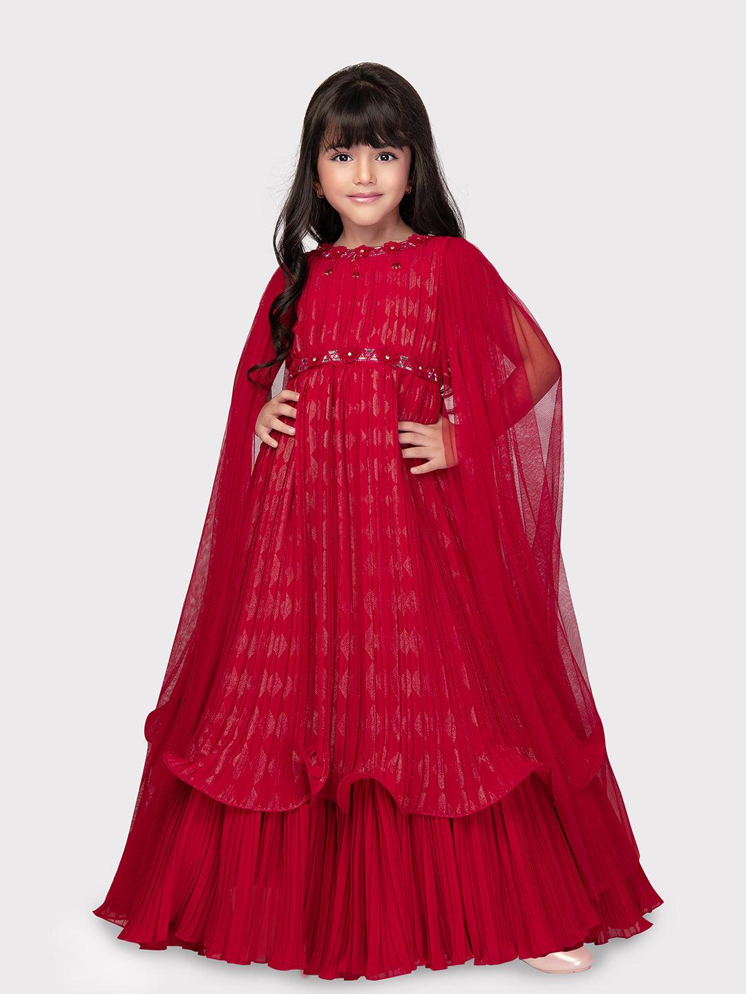 Cape Style Gowns For Girls / Fancy Sleeves Rani Coloured Gowns For Girls / Party Wear Gowns - Betty Ethnic India - Gown - Betty Girls Wear Online