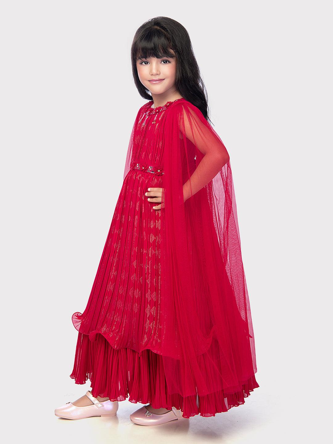 Cape Style Gowns For Girls / Fancy Sleeves Rani Coloured Gowns For Girls / Party Wear Gowns - Betty Ethnic India - Gown - Betty Girls Wear Online