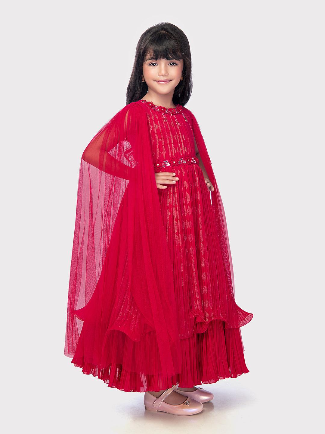 Cape Style Gowns For Girls / Fancy Sleeves Rani Coloured Gowns For Girls / Party Wear Gowns - Betty Ethnic India - Gown - Betty Girls Wear Online