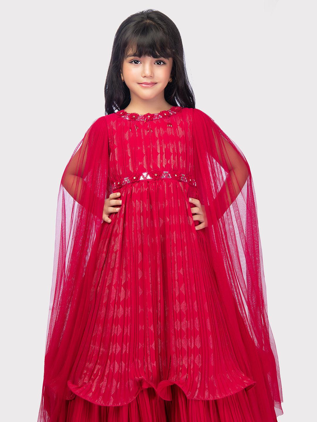 Cape Style Gowns For Girls / Fancy Sleeves Rani Coloured Gowns For Girls / Party Wear Gowns - Betty Ethnic India - Gown - Betty Girls Wear Online