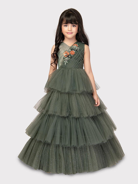 Party Wear Gowns For Girls / Online Dresses / Green Coloured Fancy Frill Gown For Girls - Betty Ethnic India - Gown - Betty Girls Wear Online