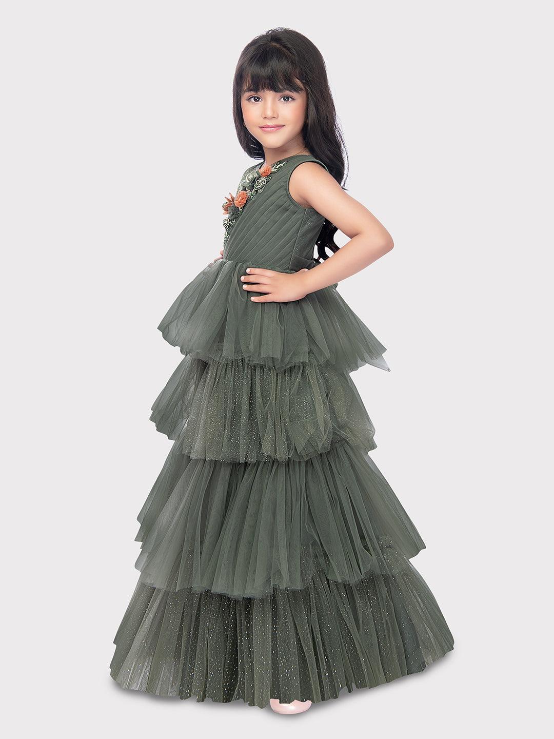 Party Wear Gowns For Girls / Online Dresses / Green Coloured Fancy Frill Gown For Girls - Betty Ethnic India - Gown - Betty Girls Wear Online