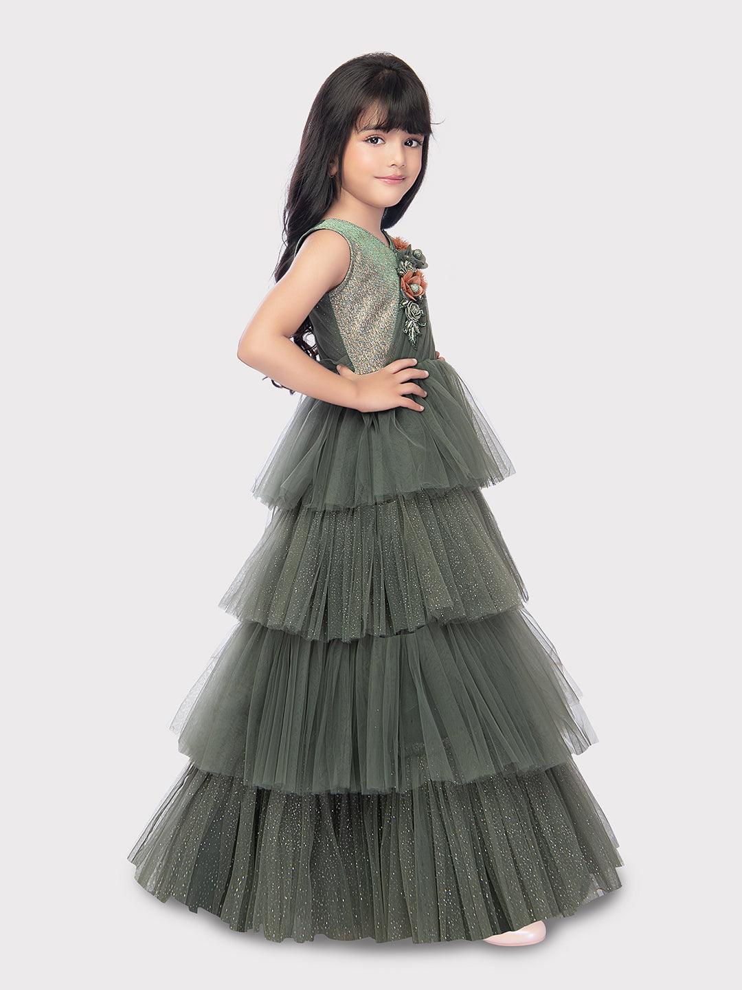 Party Wear Gowns For Girls / Online Dresses / Green Coloured Fancy Frill Gown For Girls - Betty Ethnic India - Gown - Betty Girls Wear Online