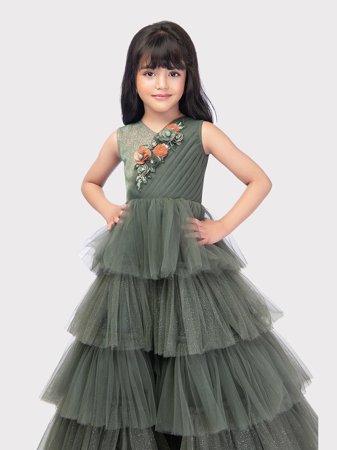 Party Wear Gowns For Girls / Online Dresses / Green Coloured Fancy Frill Gown For Girls - Betty Ethnic India - Gown - Betty Girls Wear Online