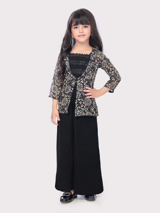 Black Coloured Embroidered Jacket with Palazzo \Fancy Gharara And Sharara For Girls Online / Palazzo Set For Girls - Betty Ethnic India - Gharara / Sharara Set - Betty Girls Wear Online