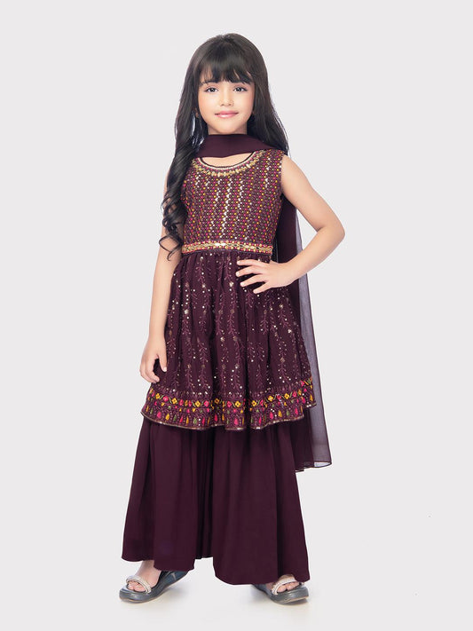 Wine Coloured Embroidered Kurta with Palazzo and Dupatta \Fancy Gharara And Sharara For Girls Online / Palazzo Sets - Betty Ethnic India - Gharara / Sharara Set - Betty Girls Wear Online