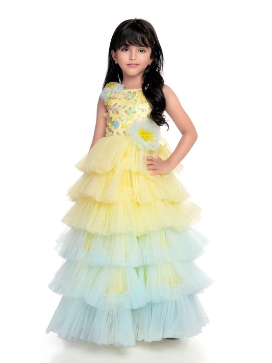 Lemon Coloured Trendy Frill Style Gowns For Girls / Imported Gown For Girls / 6 Frills / Birthday Dress - Betty Ethnic India - Gown - Betty Girls Wear Online