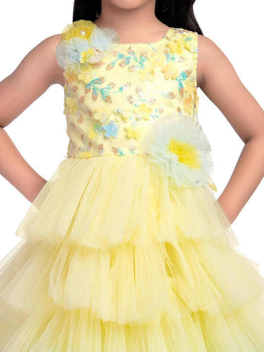 Lemon Coloured Trendy Frill Style Gowns For Girls / Imported Gown For Girls / 6 Frills / Birthday Dress - Betty Ethnic India - Gown - Betty Girls Wear Online