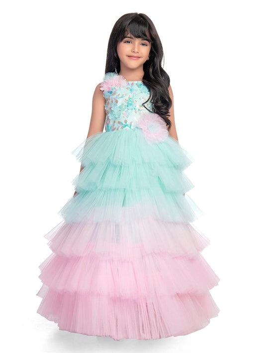 Birthday Dress For Kids / Blue Coloured Trendy Frill Style Gowns For Girls / Imported Gown For Girls / Multi Frills - Betty Ethnic India - Gown - Betty Girls Wear Online