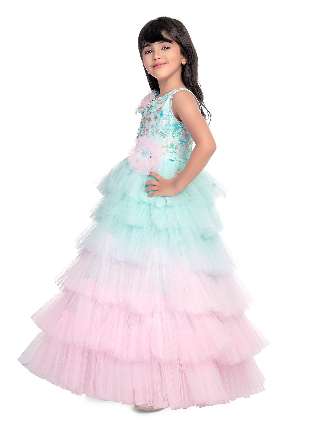 Birthday Dress For Kids / Blue Coloured Trendy Frill Style Gowns For Girls / Imported Gown For Girls / Multi Frills - Betty Ethnic India - Gown - Betty Girls Wear Online