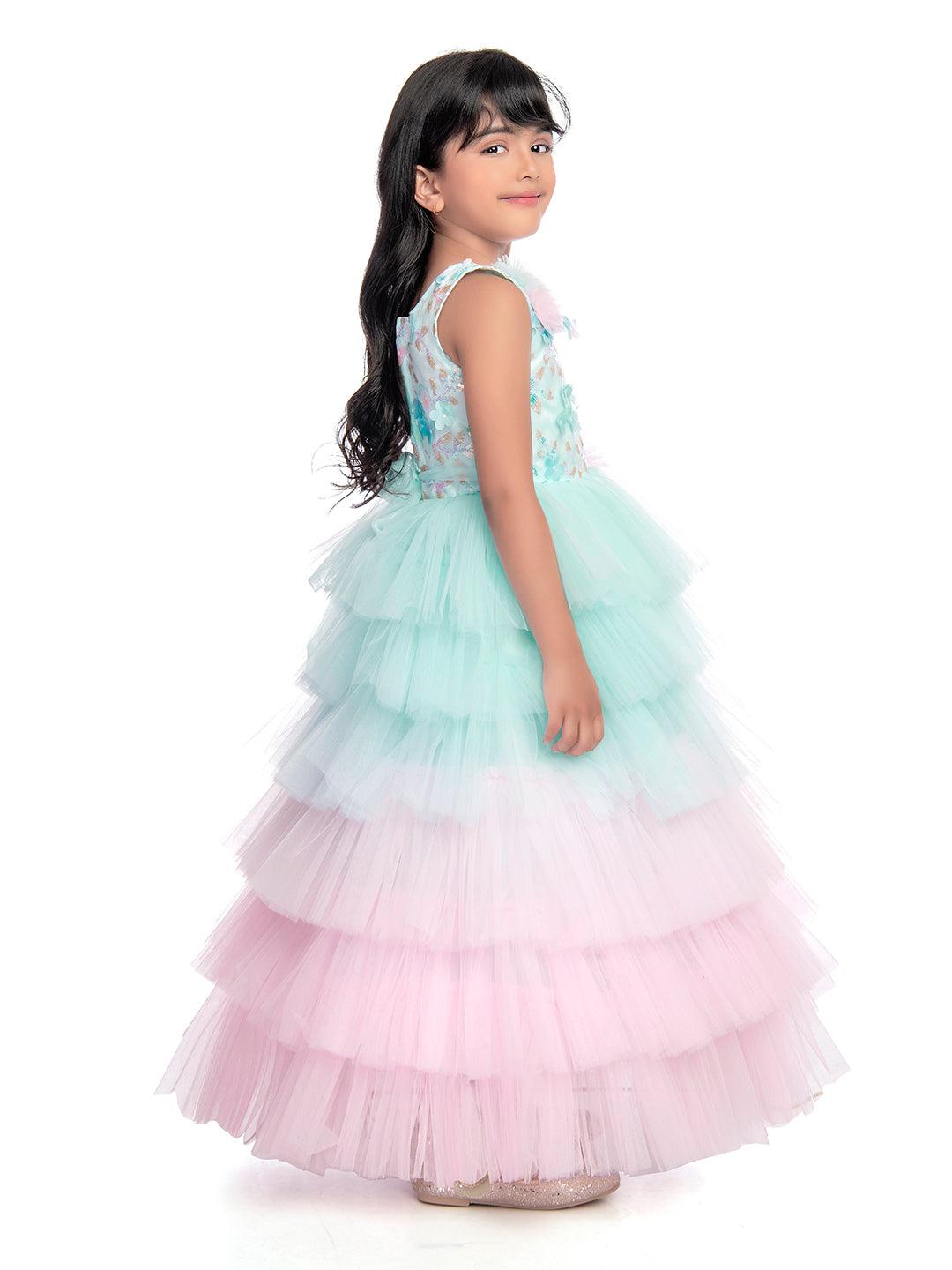 Birthday Dress For Kids / Blue Coloured Trendy Frill Style Gowns For Girls / Imported Gown For Girls / Multi Frills - Betty Ethnic India - Gown - Betty Girls Wear Online