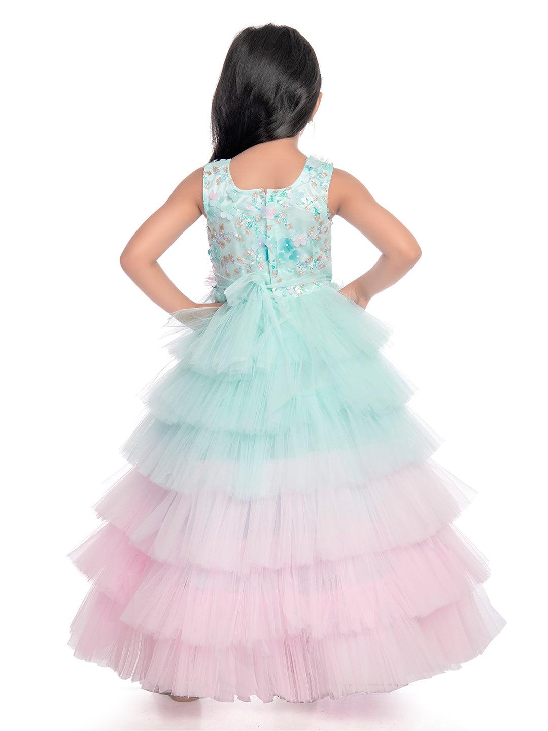 Birthday Dress For Kids / Blue Coloured Trendy Frill Style Gowns For Girls / Imported Gown For Girls / Multi Frills - Betty Ethnic India - Gown - Betty Girls Wear Online