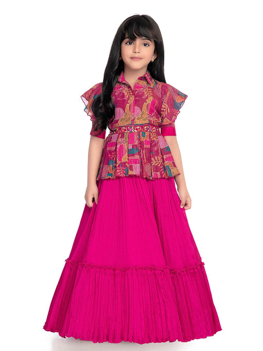 Collar Style Gown For Girls / Position Print Ethnic Gowns Online / Rani Coloured Floral Dress For Girls - Betty Ethnic India - Gown - Betty Girls Wear Online