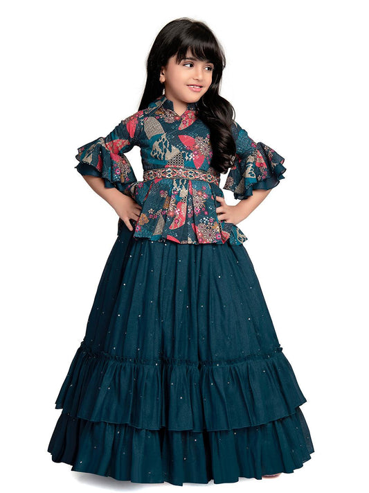 Collar Style Gown For Girls / Ethnic Gowns Online / Blue Coloured Floral Dress For Girls - Betty Ethnic India - Gown - Betty Girls Wear Online