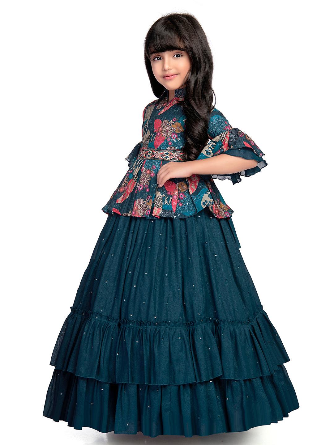 Collar Style Gown For Girls / Ethnic Gowns Online / Blue Coloured Floral Dress For Girls - Betty Ethnic India - Gown - Betty Girls Wear Online