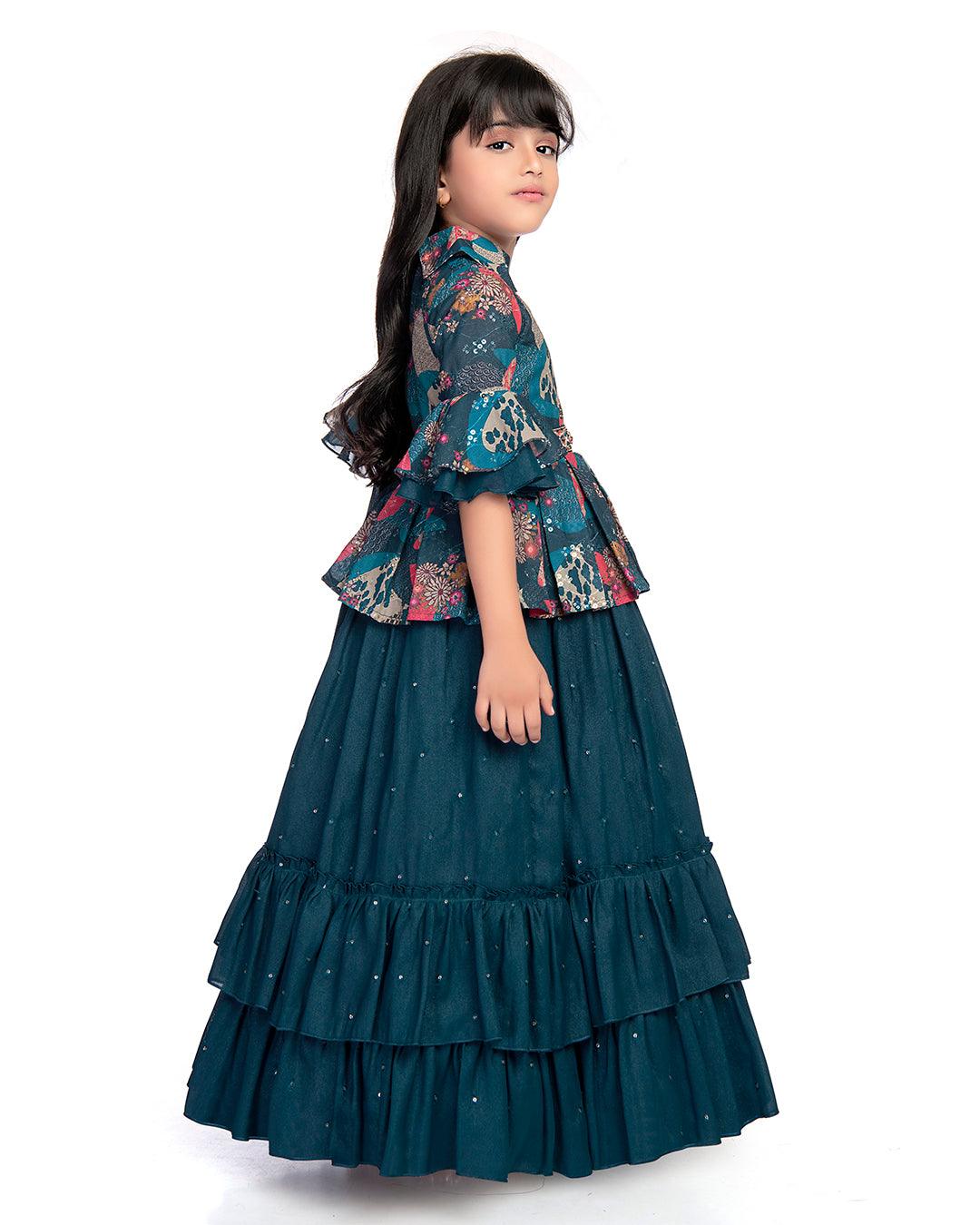 Collar Style Gown For Girls / Ethnic Gowns Online / Blue Coloured Floral Dress For Girls - Betty Ethnic India - Gown - Betty Girls Wear Online