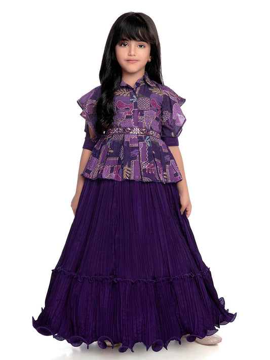 Purple Coloured Floral Dress For Girls /Collar Style Gown For Girls / Position Print Ethnic Gowns Online - Betty Ethnic India - Gown - Betty Girls Wear Online