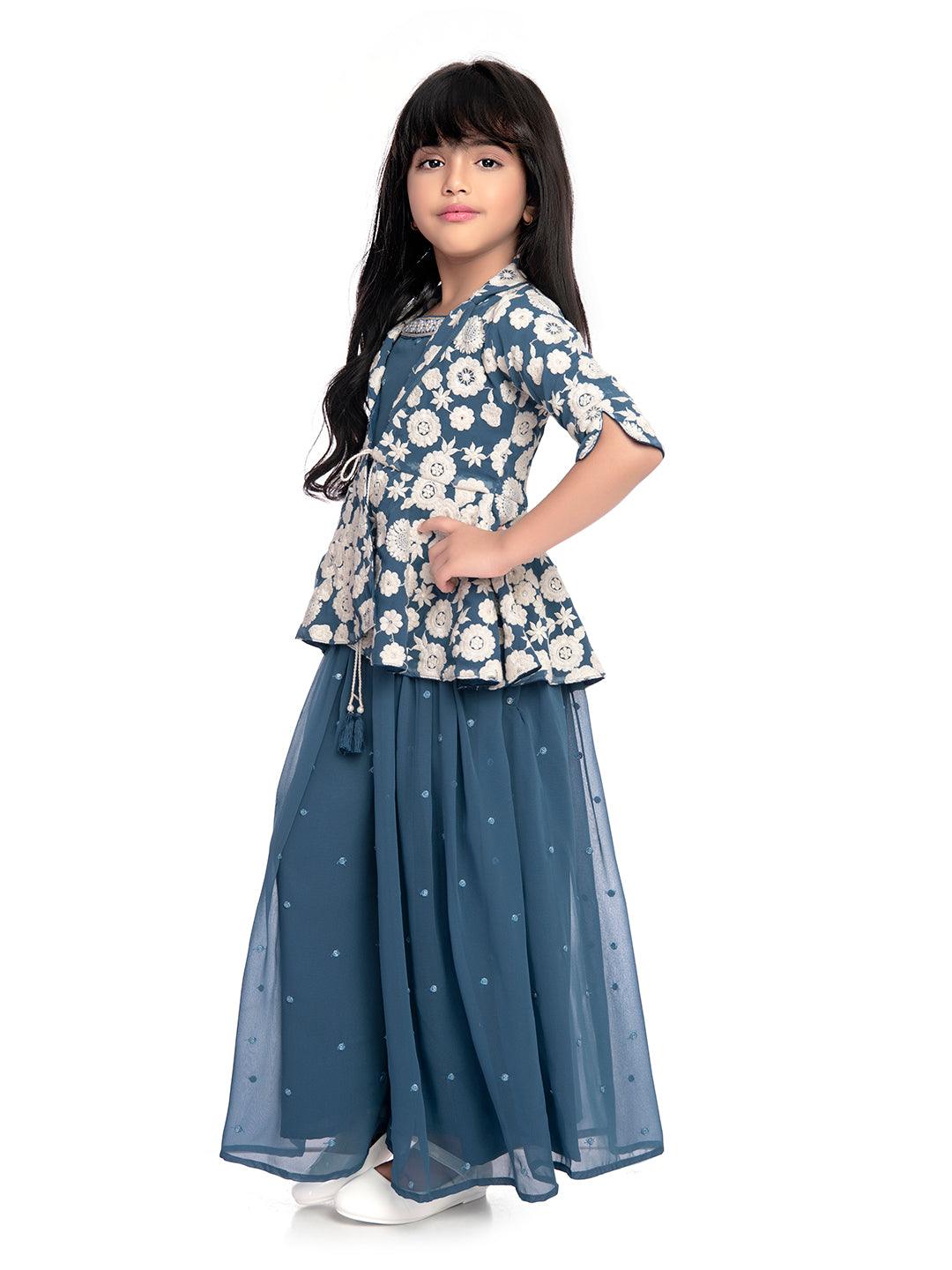 Blue Coloured Embroidered Jacket with Palazzo and Dupatta \Fancy Gharara And Sharara For Girls Online / 3 Piece Clothing Set - Betty Ethnic India - Gharara / Sharara Set - Betty Girls Wear Online