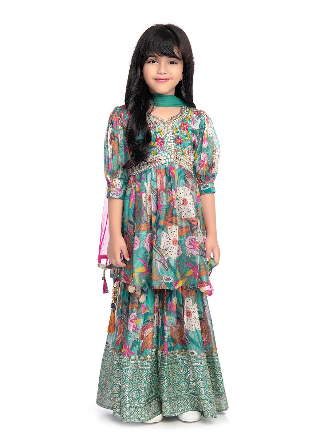 Festive Season: Green and Pink Floral Kurta with Sharara and Tassel Dupatta / Sharara Set For Girls Online - Betty Ethnic India - Gharara / Sharara Set - Betty Girls Wear Online