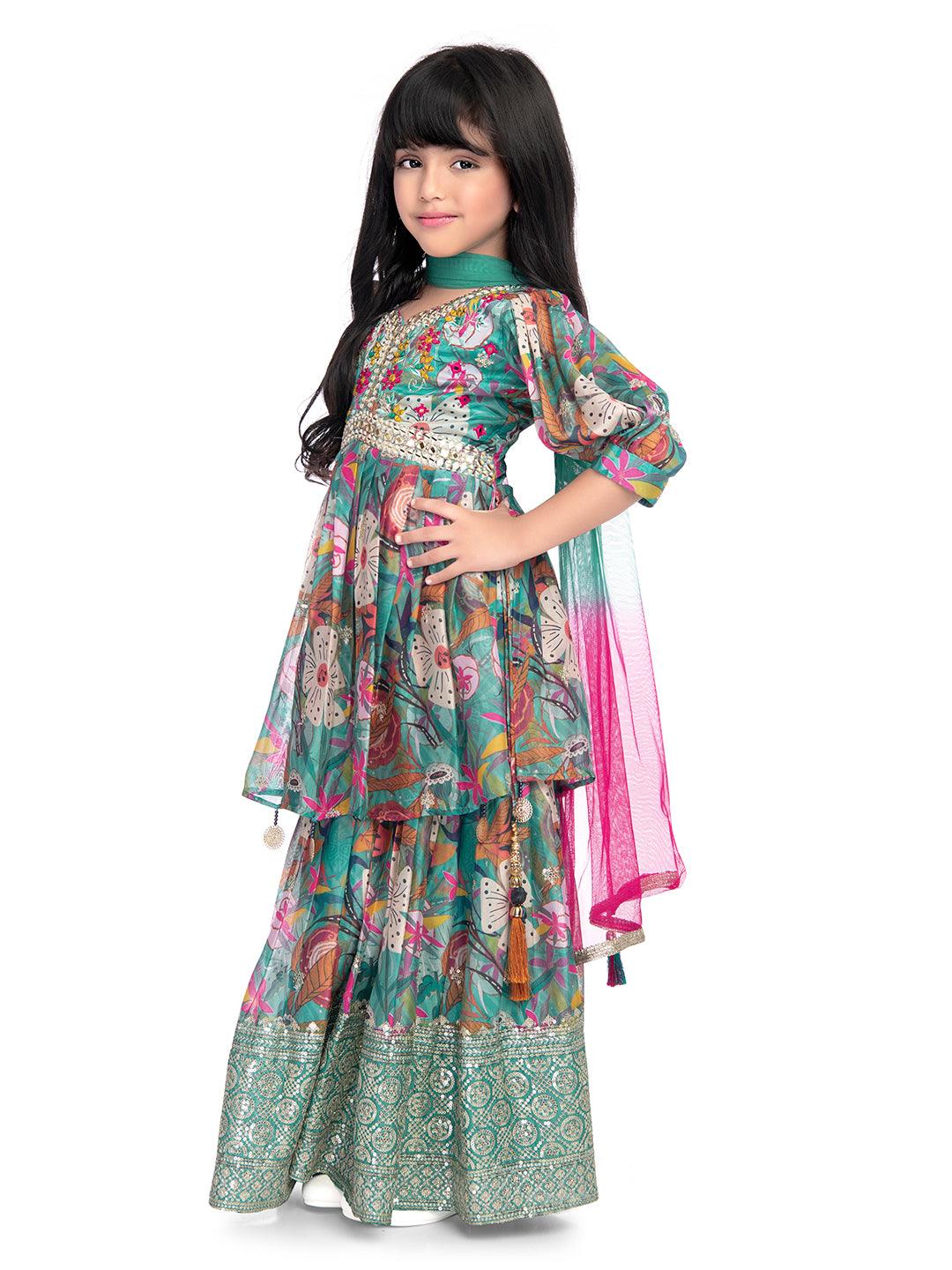 Festive Season: Green and Pink Floral Kurta with Sharara and Tassel Dupatta / Sharara Set For Girls Online - Betty Ethnic India - Gharara / Sharara Set - Betty Girls Wear Online