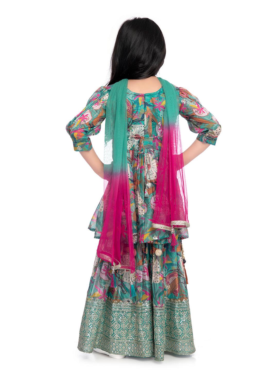 Festive Season: Green and Pink Floral Kurta with Sharara and Tassel Dupatta / Sharara Set For Girls Online - Betty Ethnic India - Gharara / Sharara Set - Betty Girls Wear Online