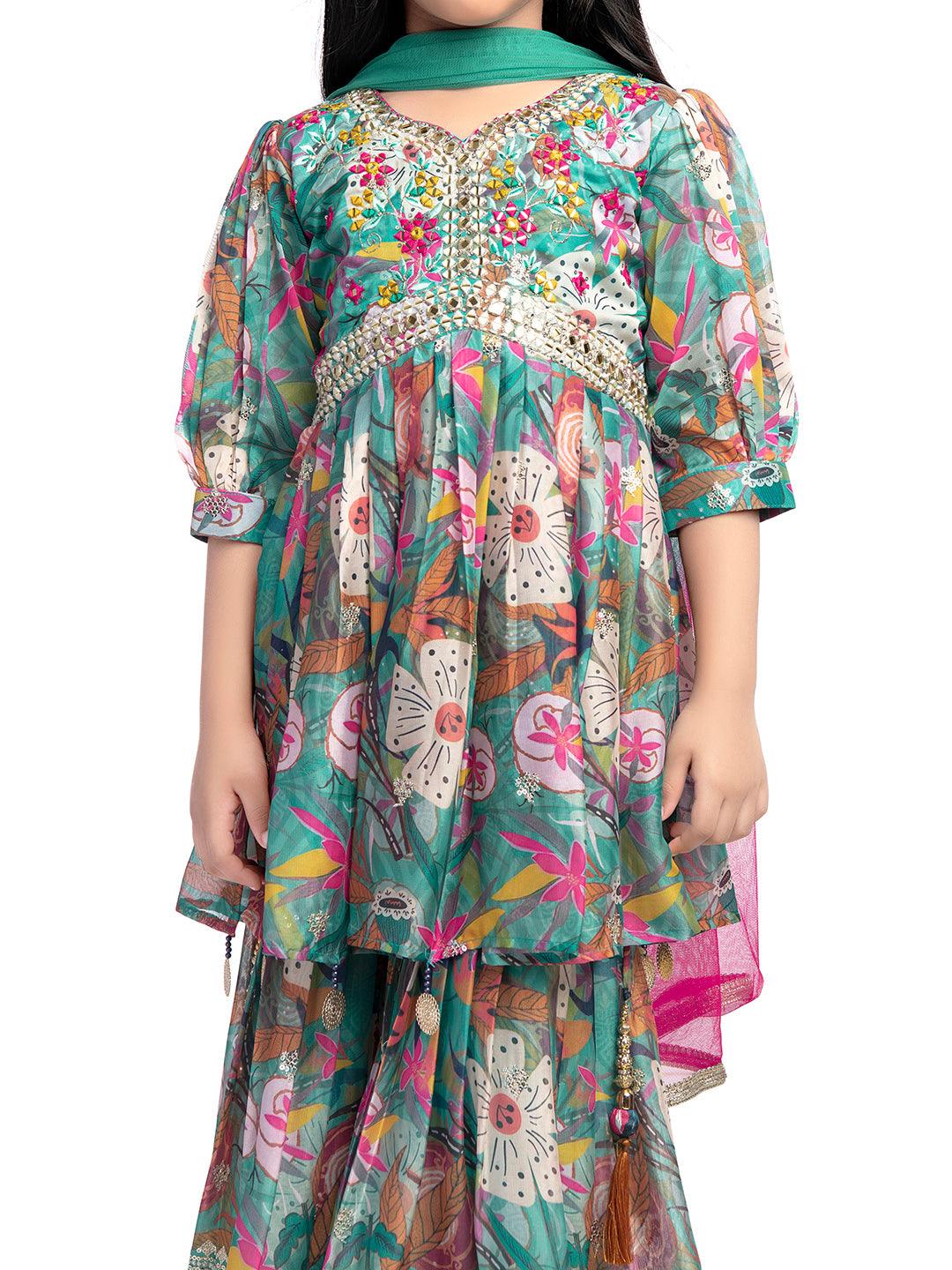 Festive Season: Green and Pink Floral Kurta with Sharara and Tassel Dupatta / Sharara Set For Girls Online - Betty Ethnic India - Gharara / Sharara Set - Betty Girls Wear Online