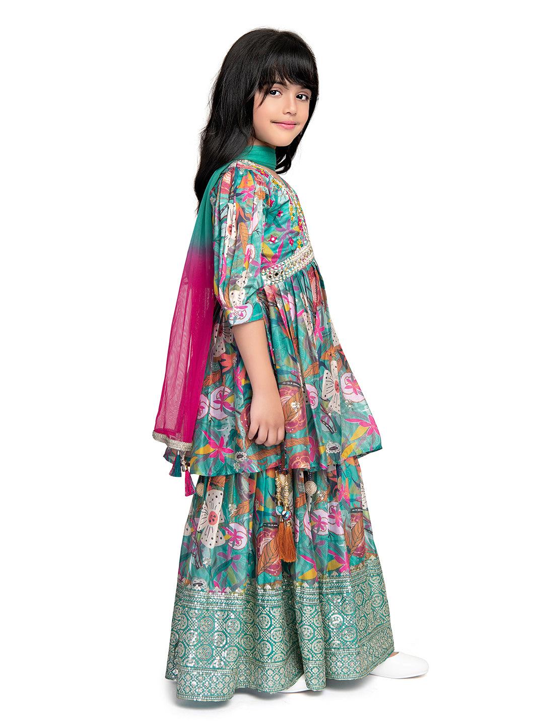 Festive Season: Green and Pink Floral Kurta with Sharara and Tassel Dupatta / Sharara Set For Girls Online - Betty Ethnic India - Gharara / Sharara Set - Betty Girls Wear Online