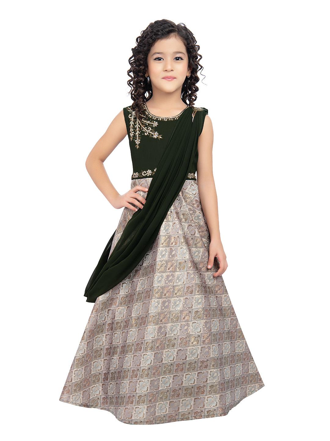 Girls Embellished Mehendi Colored Simple Jacquard Maxi Dress With Attached Dupatta - Betty Ethnic India - Gown - Betty Girls Wear Online