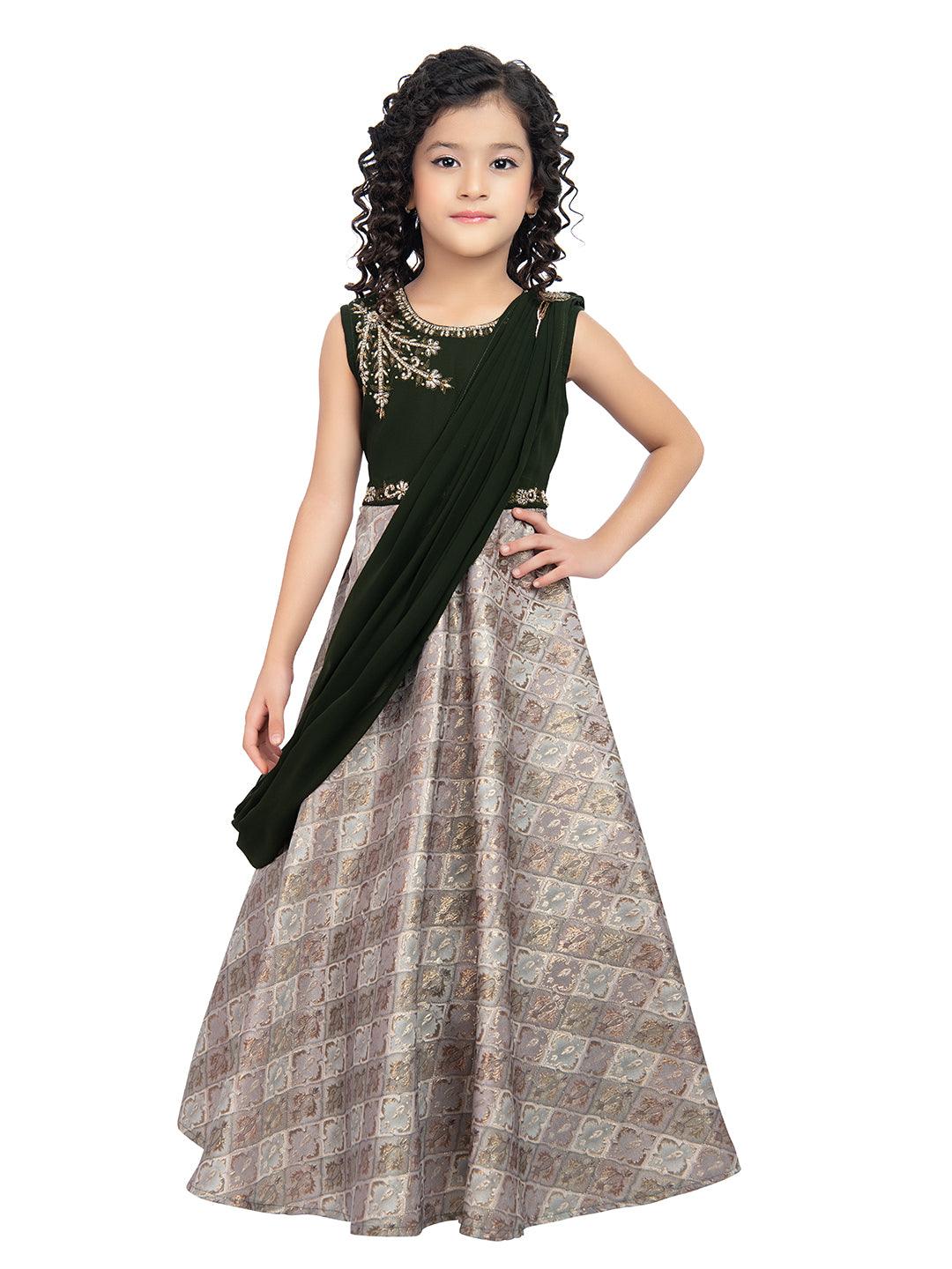 Girls Embellished Mehendi Colored Simple Jacquard Maxi Dress With Attached Dupatta - Betty Ethnic India - Gown - Betty Girls Wear Online