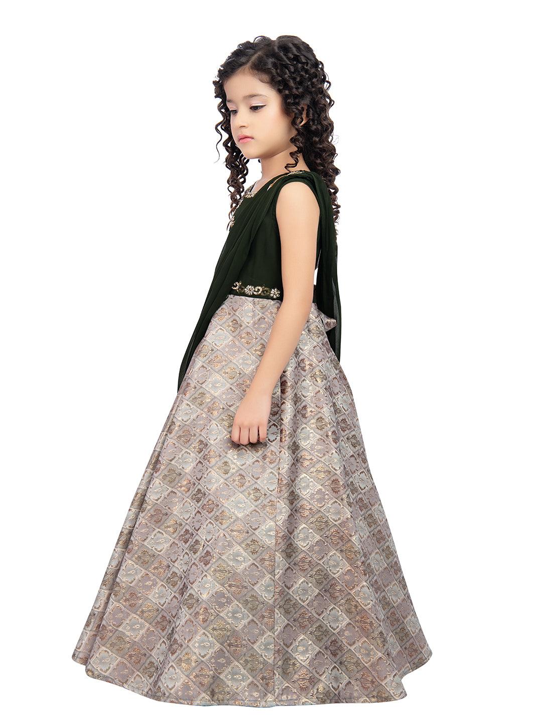 Girls Embellished Mehendi Colored Simple Jacquard Maxi Dress With Attached Dupatta - Betty Ethnic India - Gown - Betty Girls Wear Online