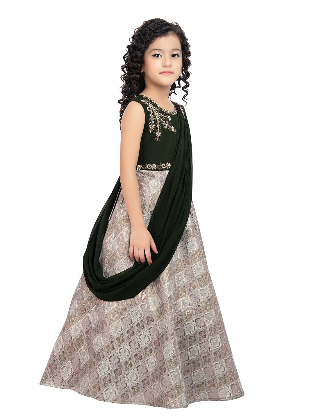 Girls Embellished Mehendi Colored Simple Jacquard Maxi Dress With Attached Dupatta - Betty Ethnic India - Gown - Betty Girls Wear Online