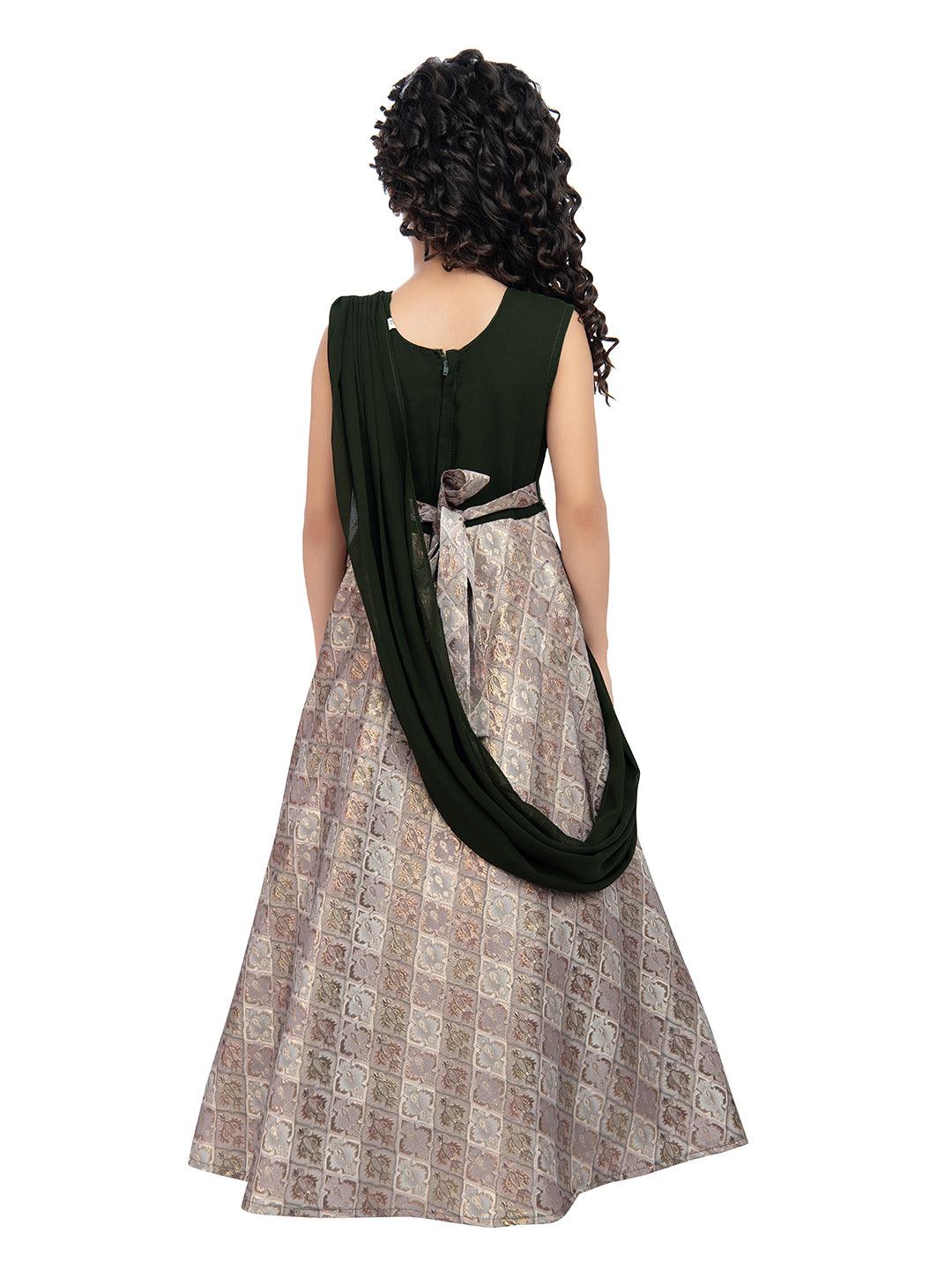 Girls Embellished Mehendi Colored Simple Jacquard Maxi Dress With Attached Dupatta - Betty Ethnic India - Gown - Betty Girls Wear Online