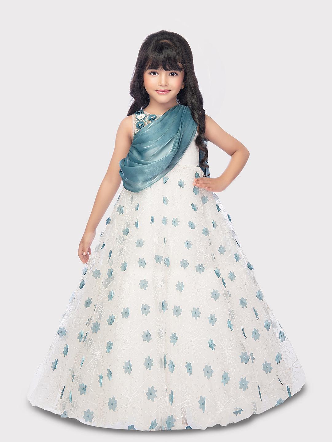 White With Blue Coloured Ball Gown For Girls / Birthday Party Wear Outfit For Kids / Online Dresses - Betty Ethnic India - Gown - Betty Girls Wear Online