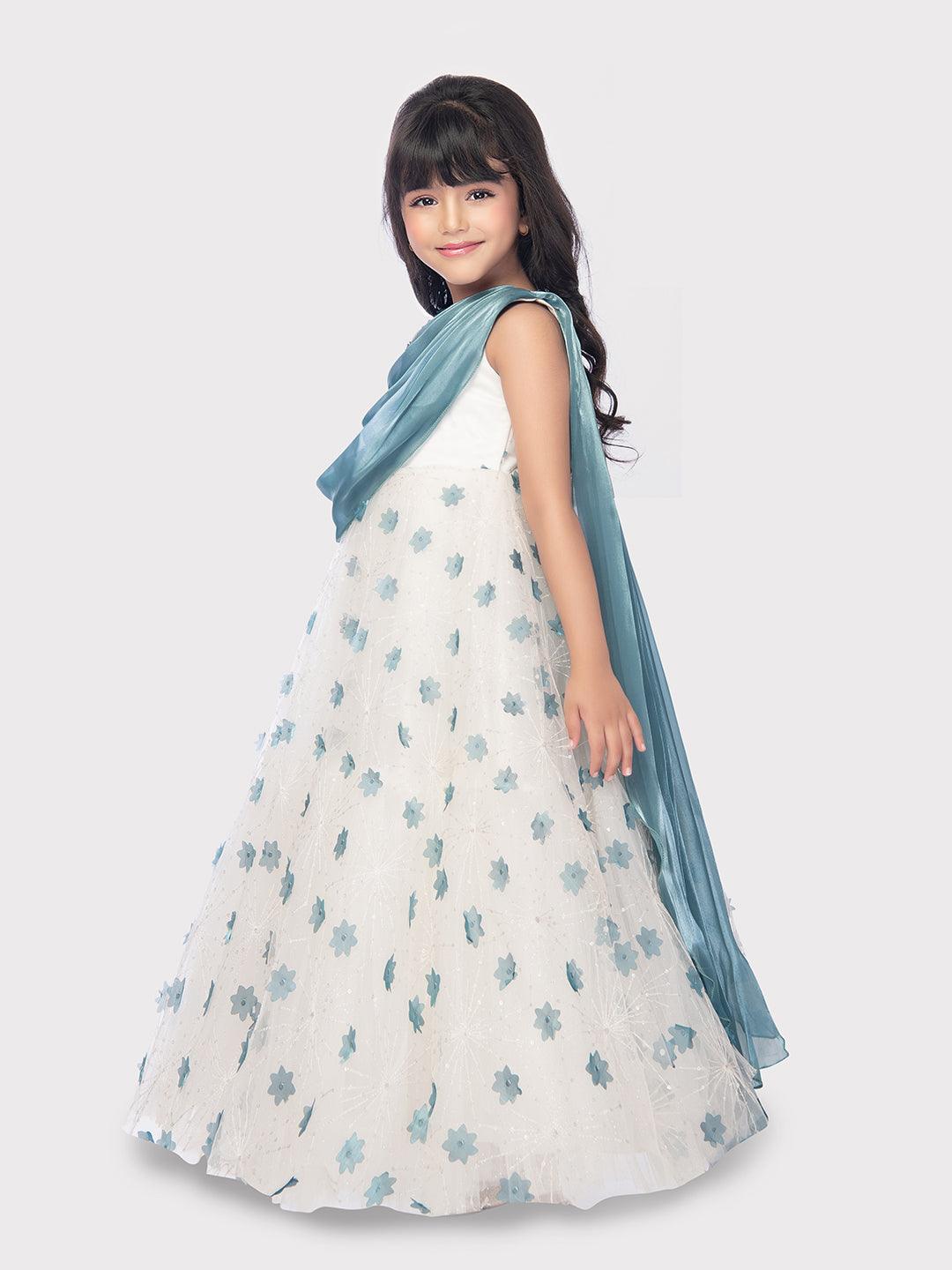 White With Blue Coloured Ball Gown For Girls / Birthday Party Wear Outfit For Kids / Online Dresses - Betty Ethnic India - Gown - Betty Girls Wear Online