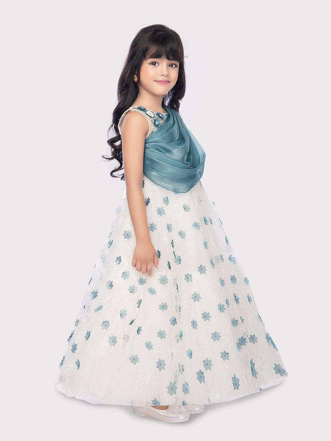 White With Blue Coloured Ball Gown For Girls / Birthday Party Wear Outfit For Kids / Online Dresses - Betty Ethnic India - Gown - Betty Girls Wear Online