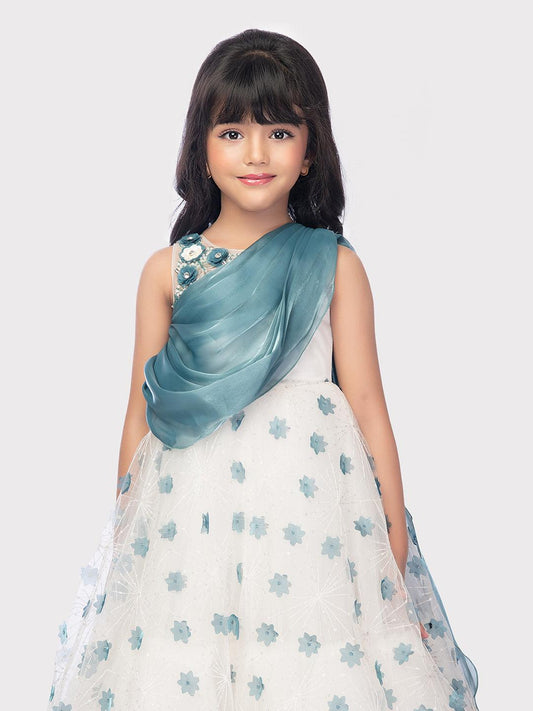 White With Blue Coloured Ball Gown For Girls / Birthday Party Wear Outfit For Kids / Online Dresses - Betty Ethnic India - Gown - Betty Girls Wear Online