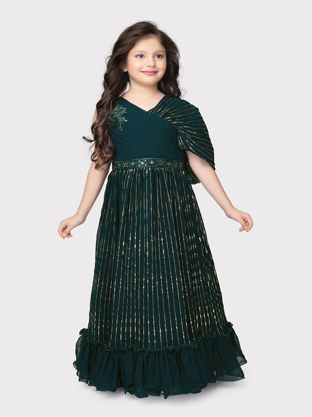 Peacock Blue Coloured Unique Cape Style Sleeves Pattern Gown For Girls